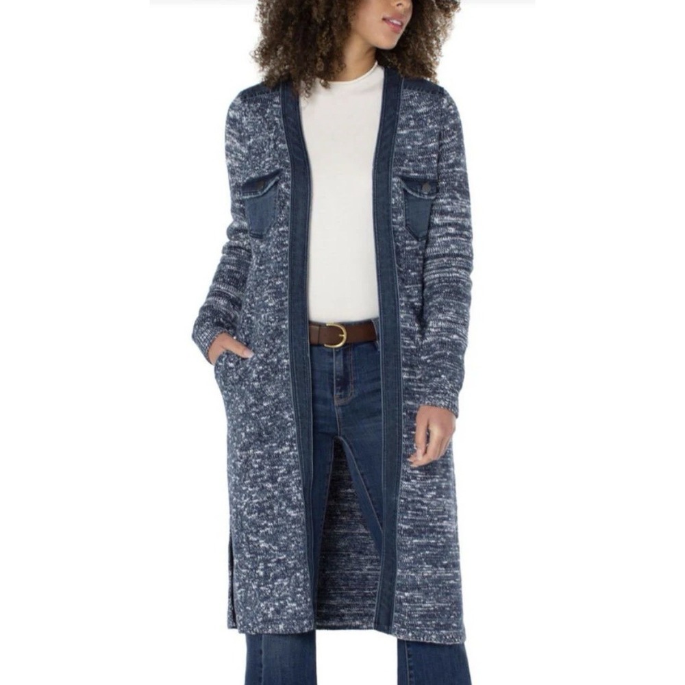 Liverpool Los Angeles‎ S Open Front Knit Cardigan Duster Pockets Denim Trim Blue
